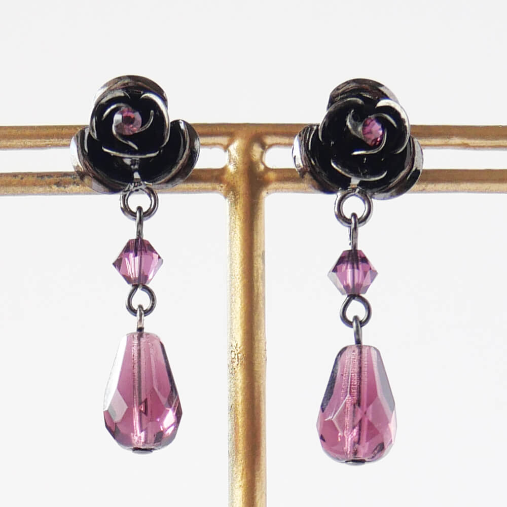 ピアス 薔薇 紫 ローズ パープルドロップ