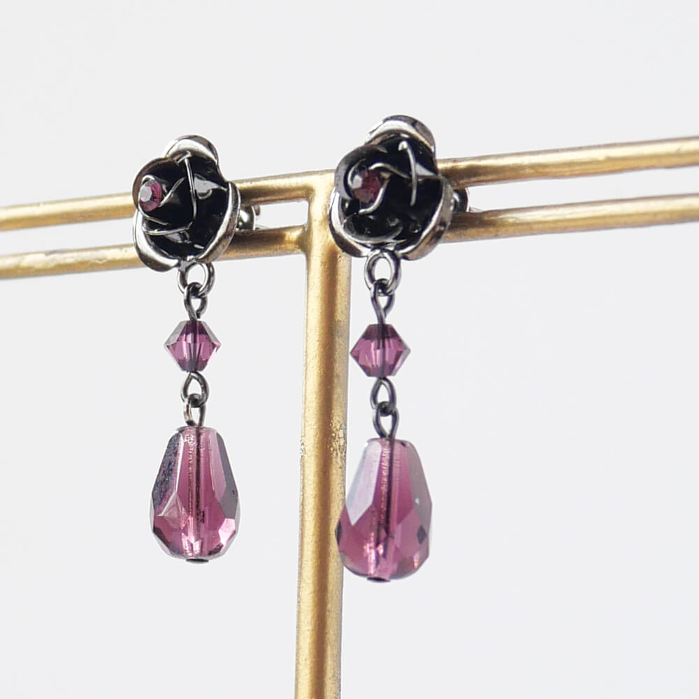 ピアス 薔薇 紫 ローズ パープルドロップ