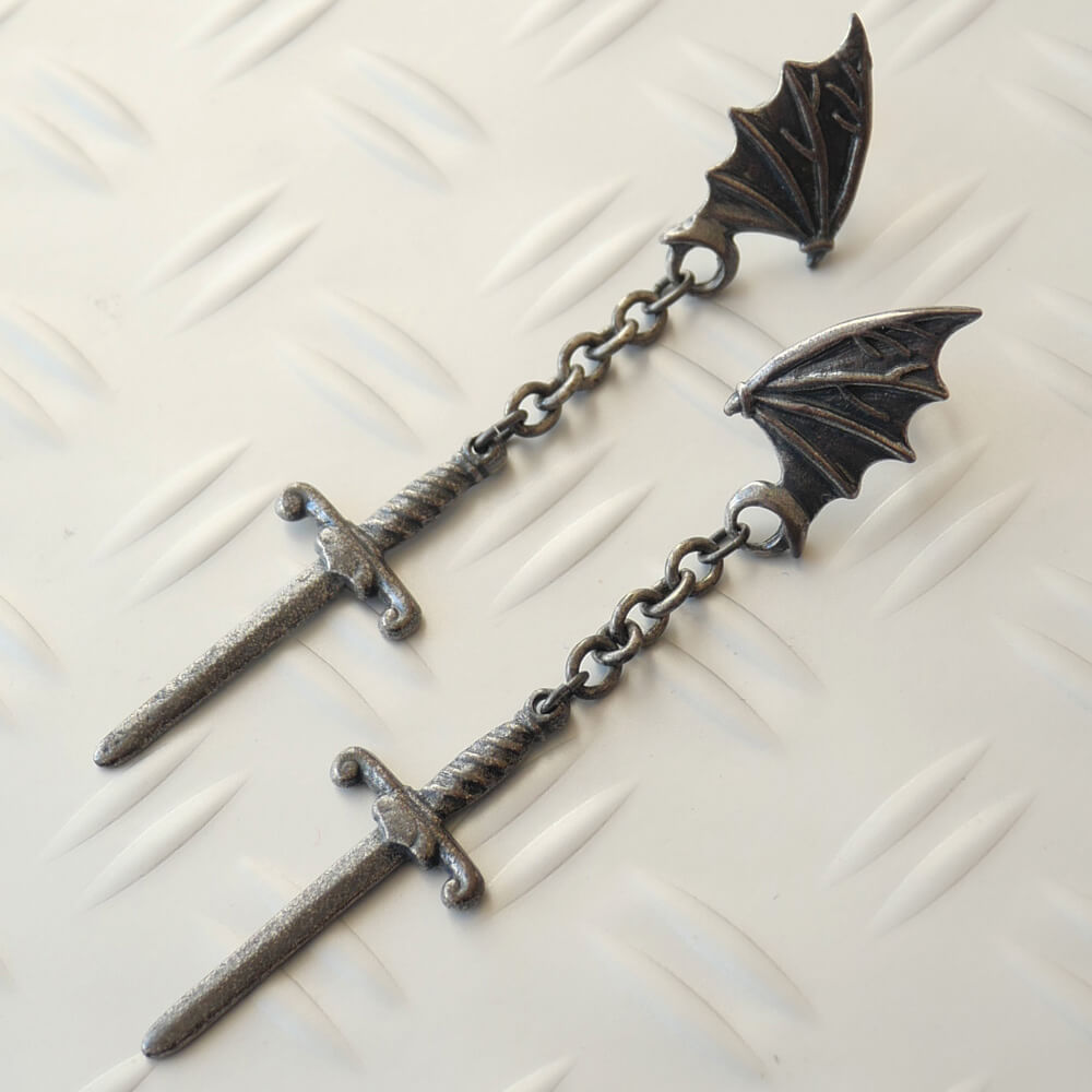 Occult Gothic Bat Wing & Sword Earrings