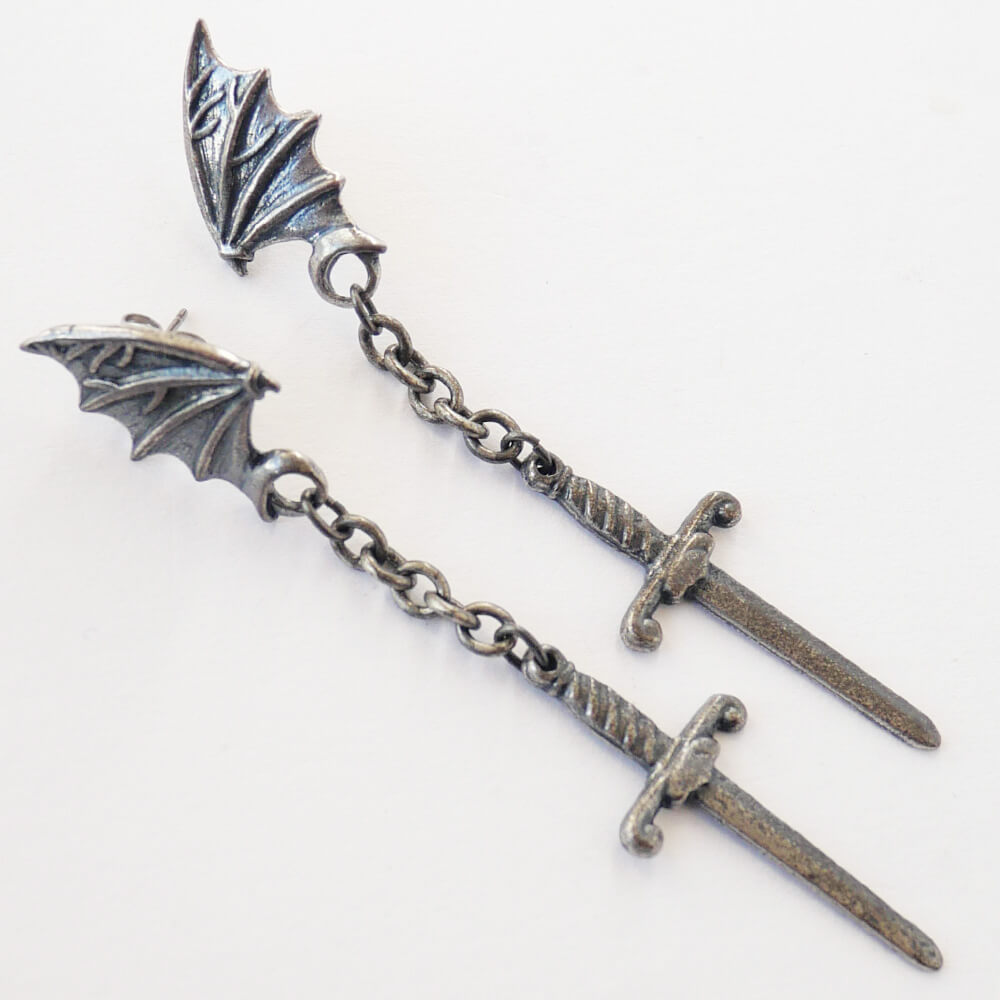 Occult Gothic Bat Wing & Sword Earrings