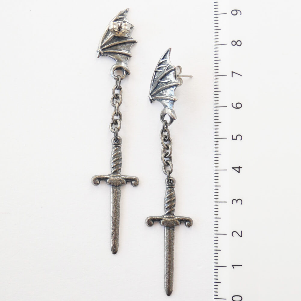 Occult Gothic Bat Wing & Sword Earrings