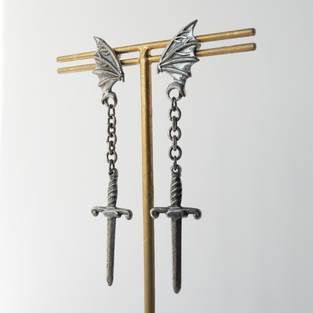 Occult Gothic Bat Wing & Sword Earrings