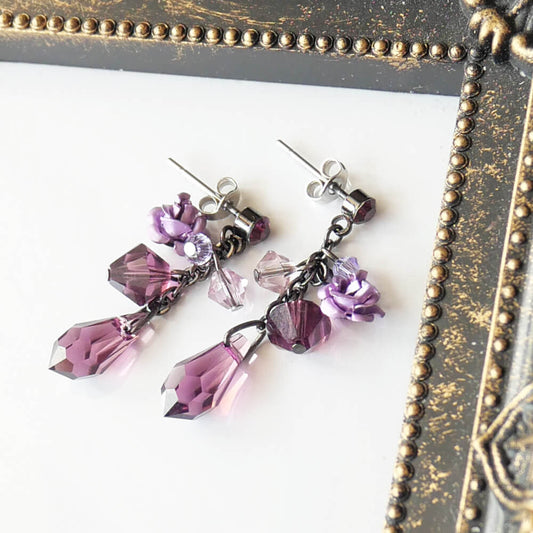パープル ローズ ドロップ ストーン クリスタル ピアス 紫 薔薇 バラ スワロフスキー