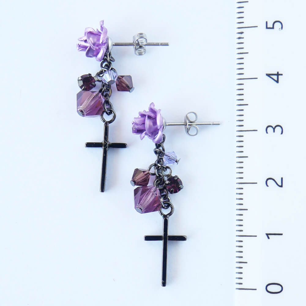 パープル ローズ クロス クリスタル ピアス 紫 薔薇 十字架