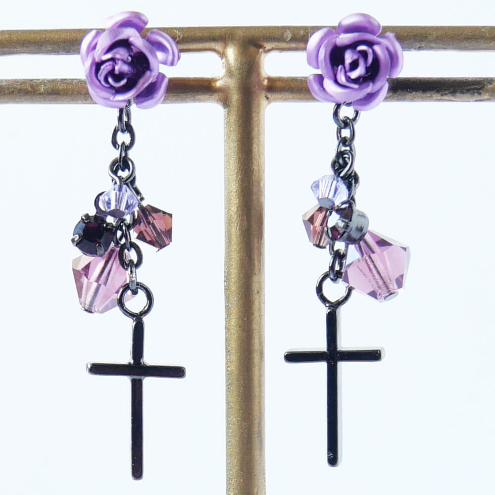 パープル ローズ クロス クリスタル ピアス 紫 薔薇 十字架