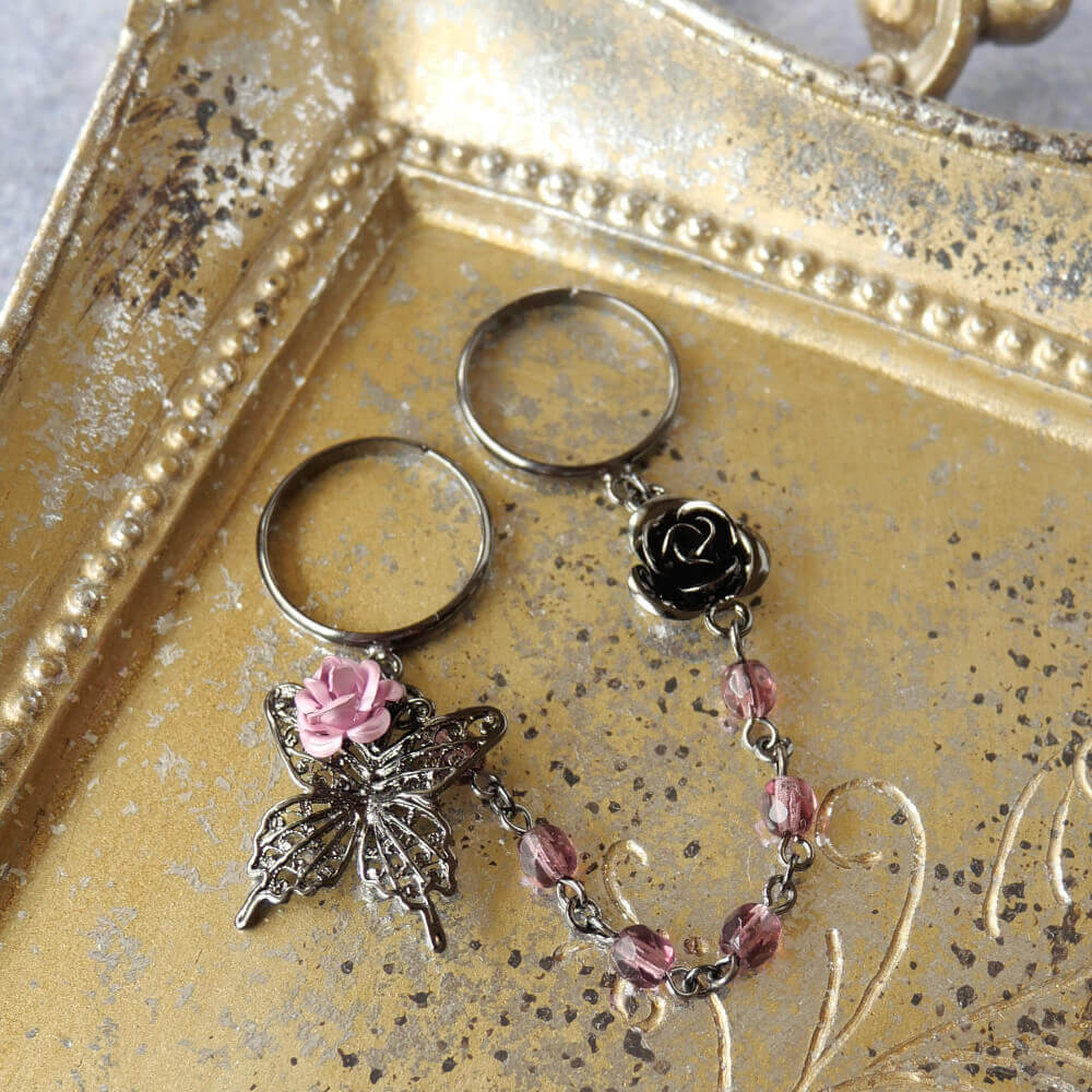 指輪 フリーサイズ ステンド 蝶 薔薇 ダブル リング