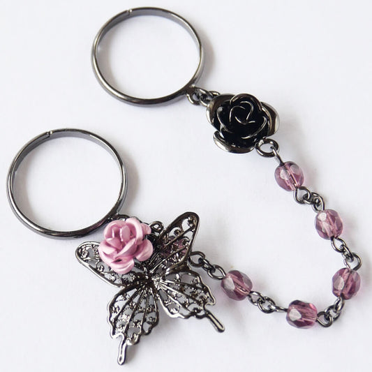 指輪 フリーサイズ ステンド 蝶 薔薇 ダブル リング