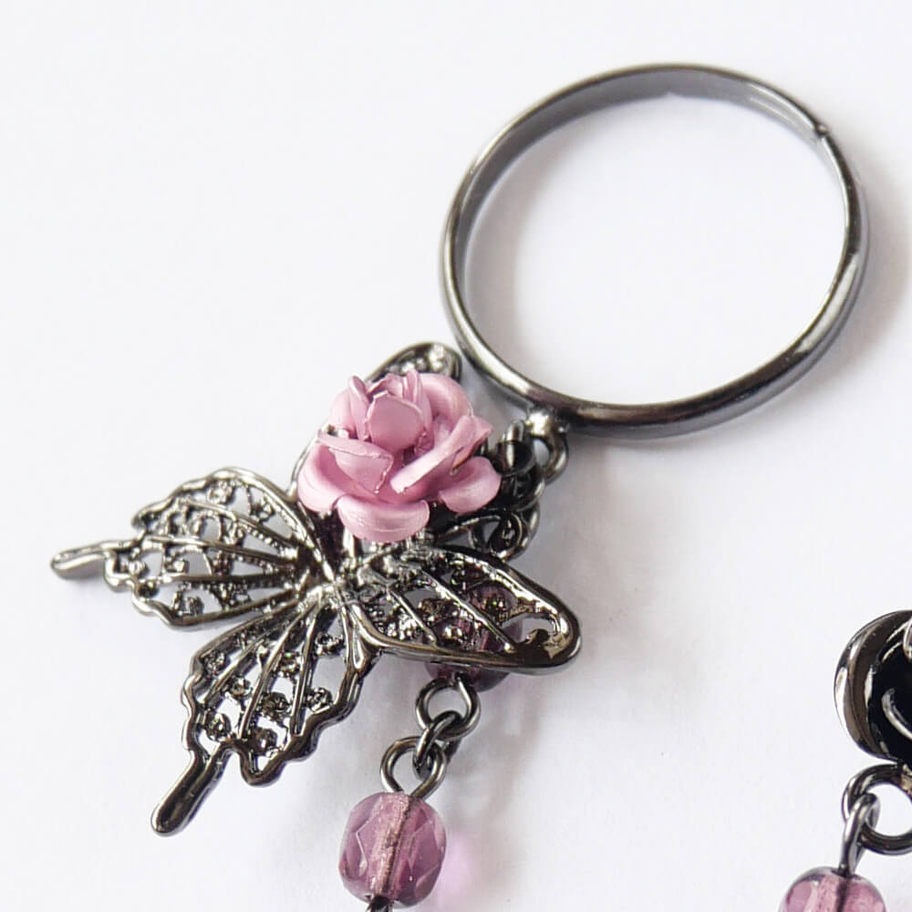 指輪 フリーサイズ ステンド 蝶 薔薇 ダブル リング