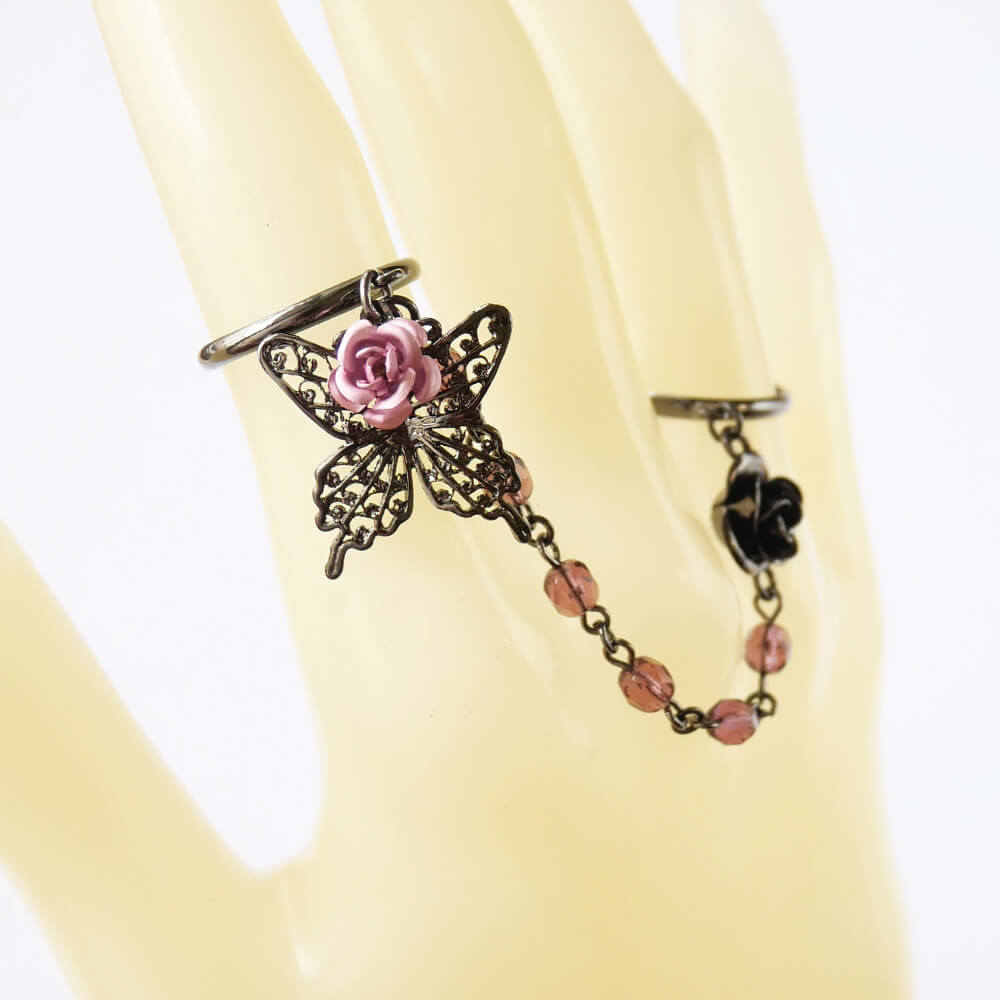 指輪 フリーサイズ ステンド 蝶 薔薇 ダブル リング