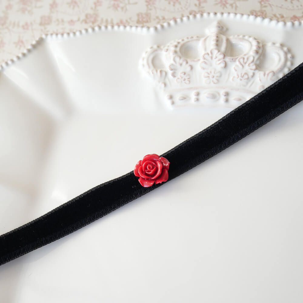 ブラック ベルベット チョーカー レッド ローズ 黒 別珍 赤 薔薇 ゴスロリ