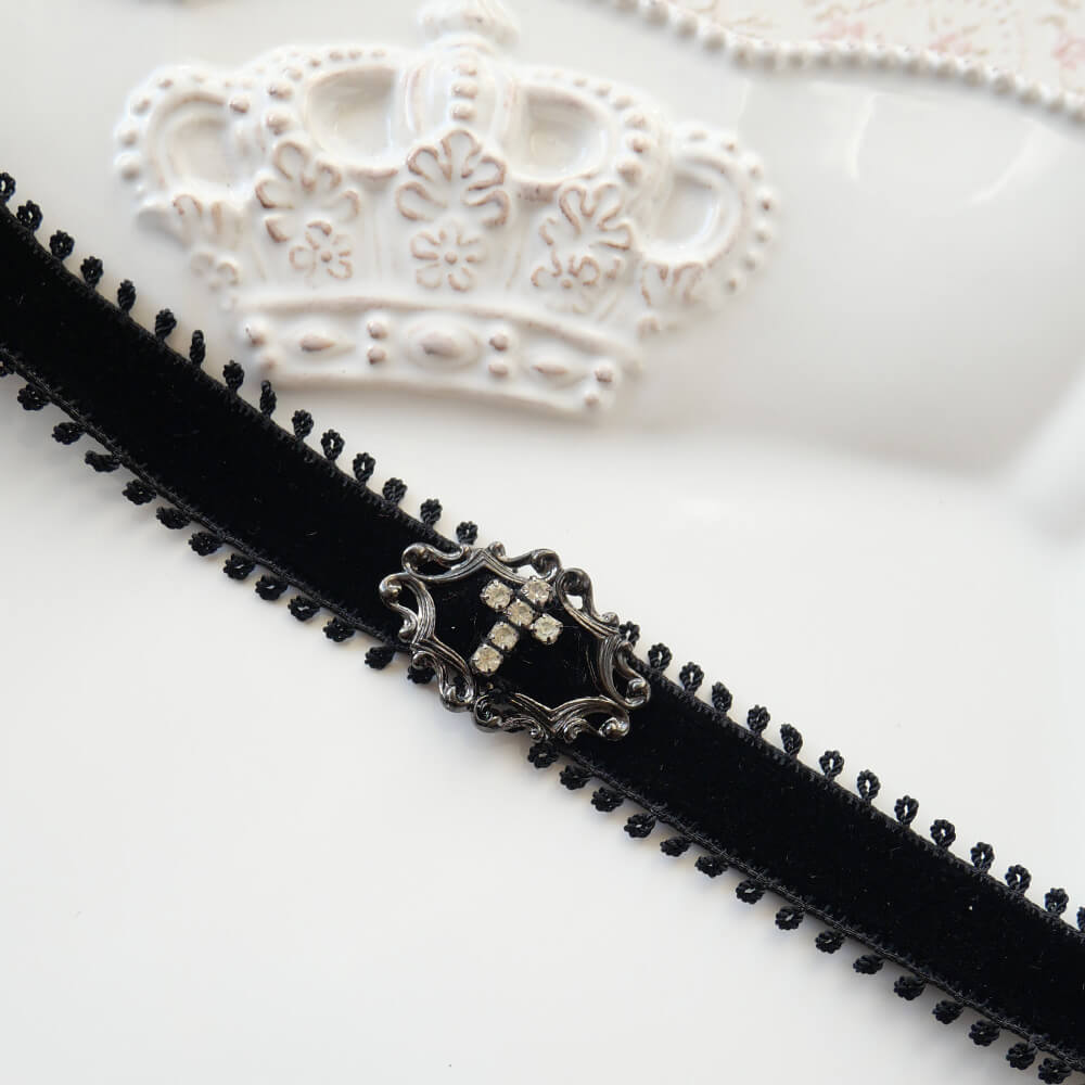 クリスタル ストーン クロス ブラック ベルベット シンプル チョーカー