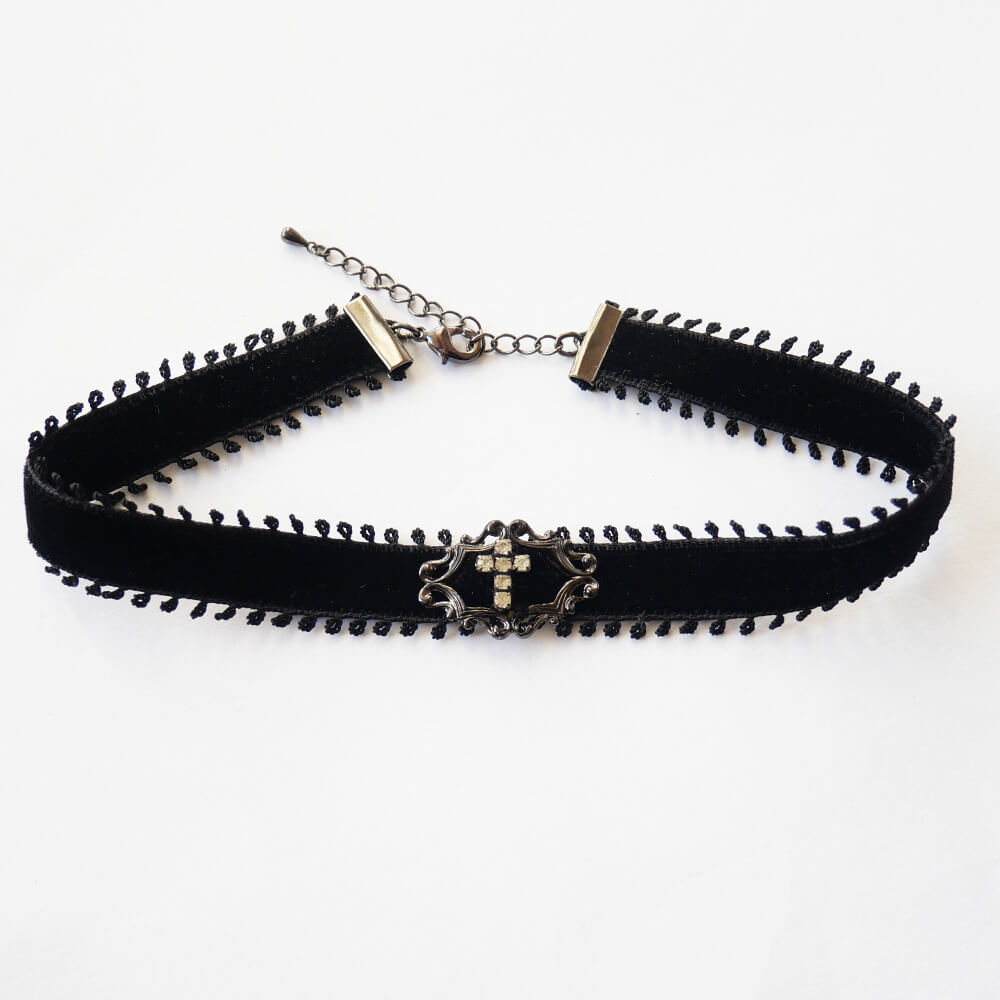 クリスタル ストーン クロス ブラック ベルベット シンプル チョーカー