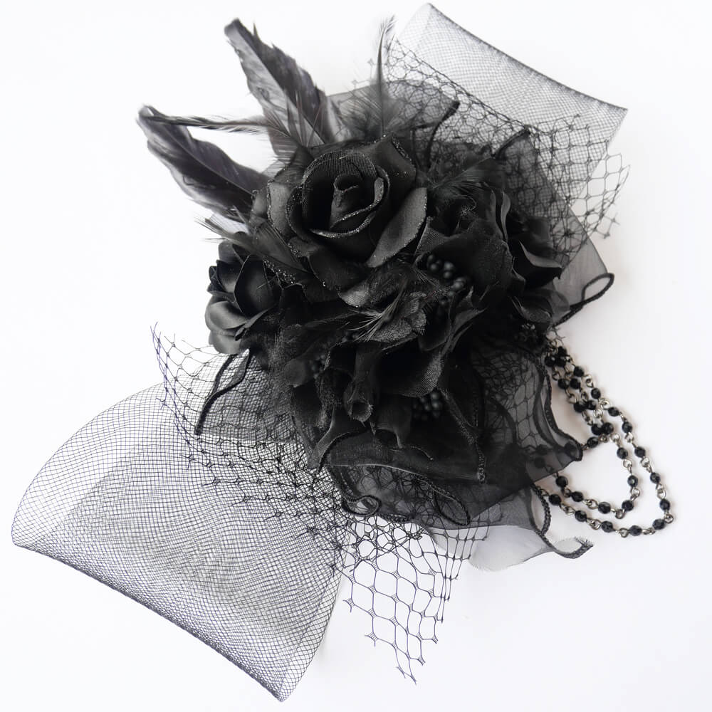 黒薔薇 ブラック ブーケ ネット チュール コサージュ ヘッド アクセサリー
