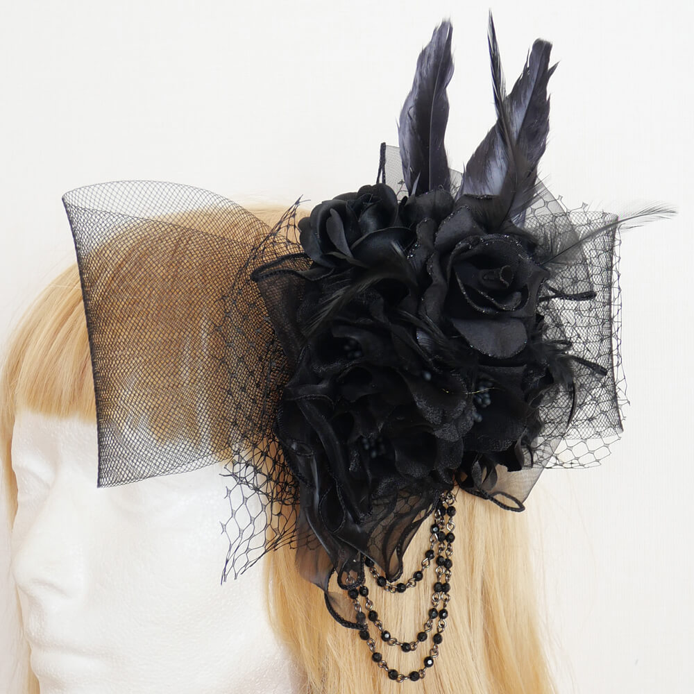 黒薔薇 ブラック ブーケ ネット チュール コサージュ ヘッド アクセサリー