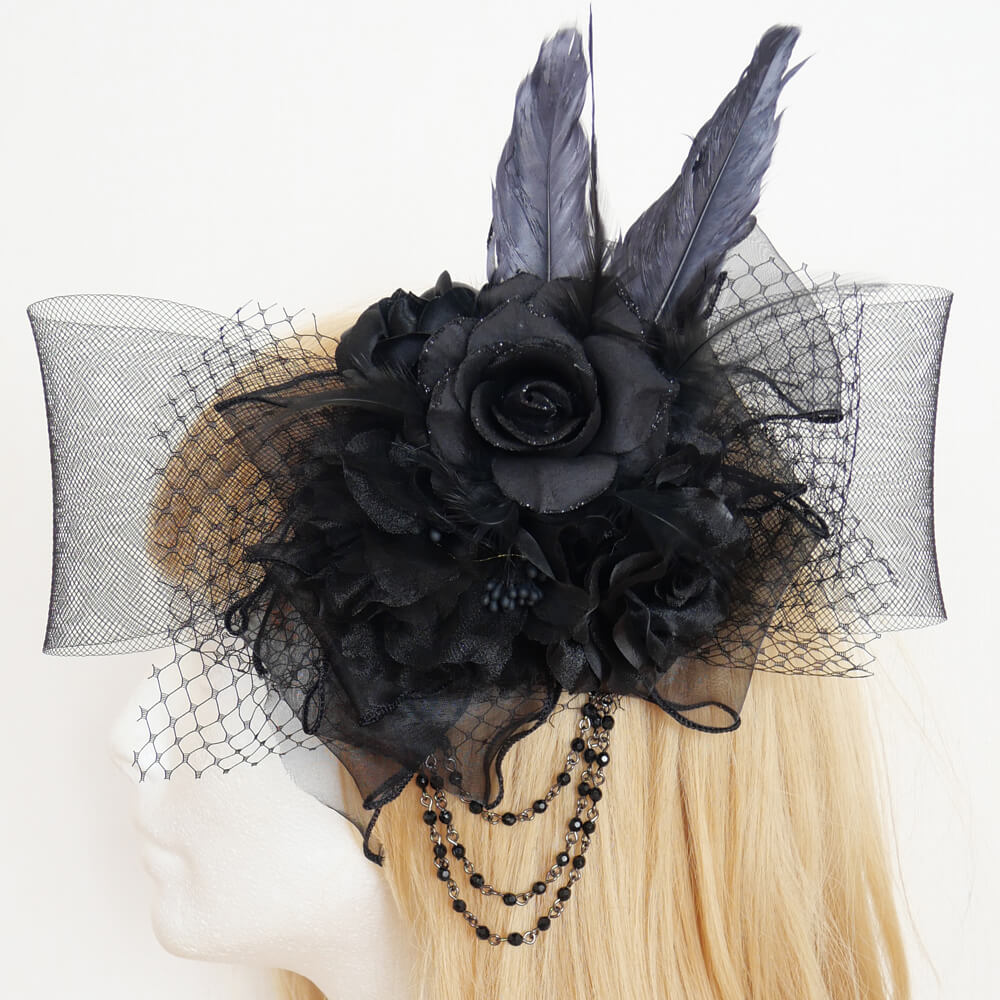 黒薔薇 ブラック ブーケ ネット チュール コサージュ ヘッド アクセサリー