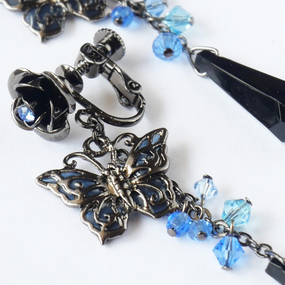 Gothic Black Cut Stained Glass Butterfly Rose Earrings Blue