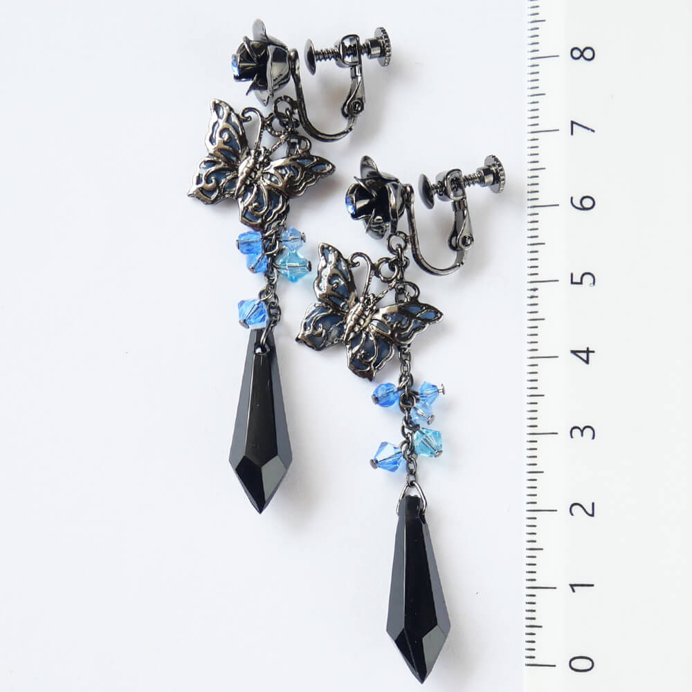 Gothic Black Cut Stained Glass Butterfly Rose Earrings Blue
