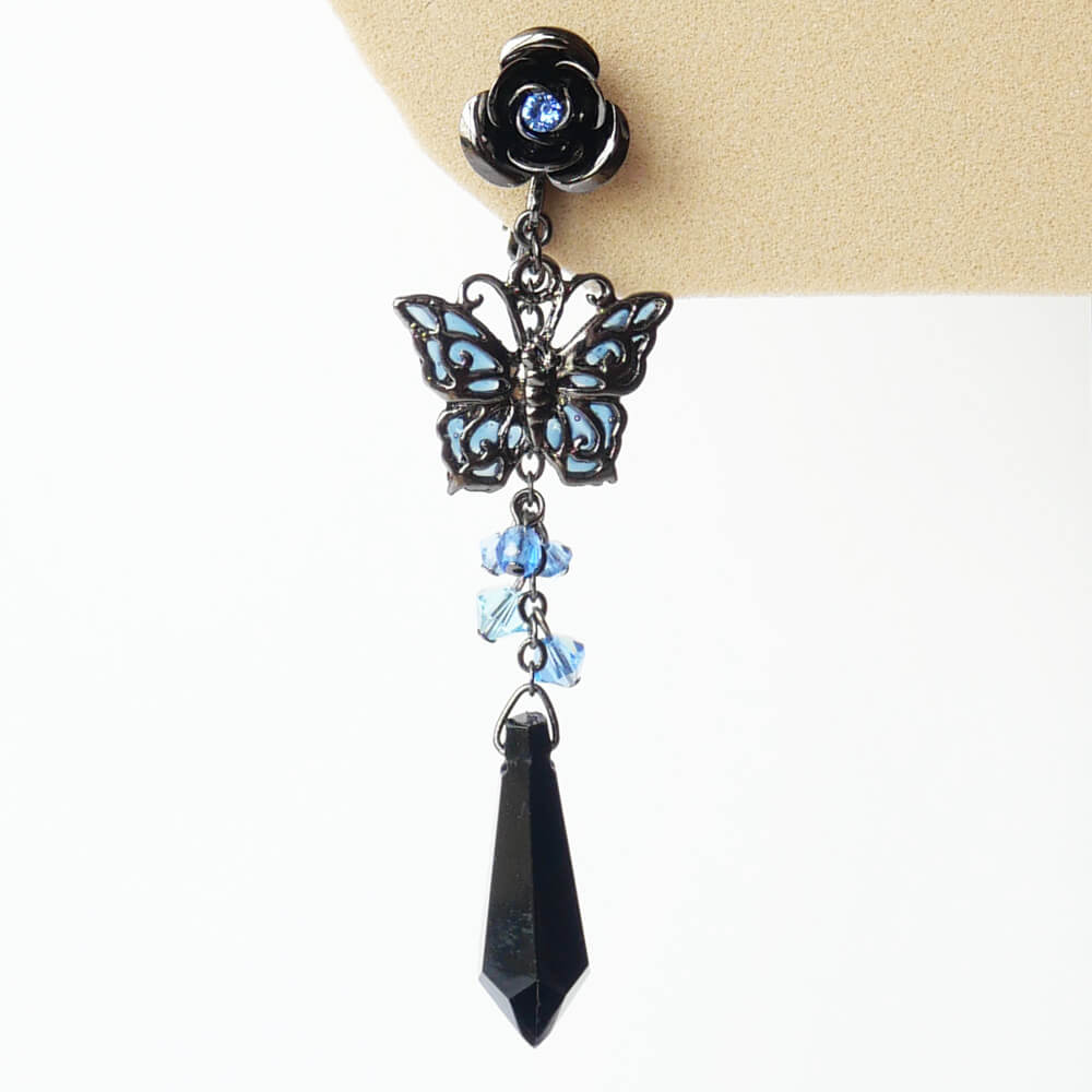 Gothic Black Cut Stained Glass Butterfly Rose Earrings Blue