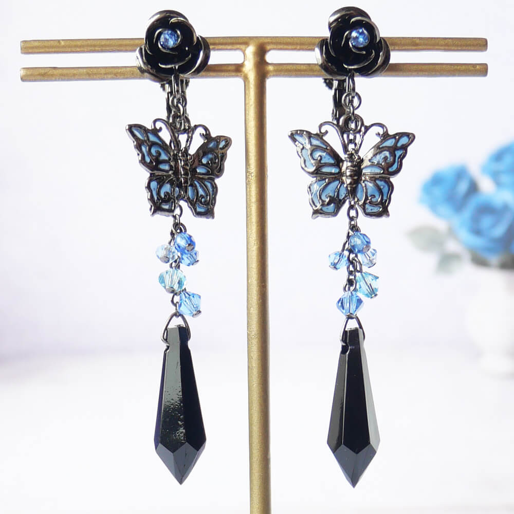 Gothic Black Cut Stained Glass Butterfly Rose Earrings Blue