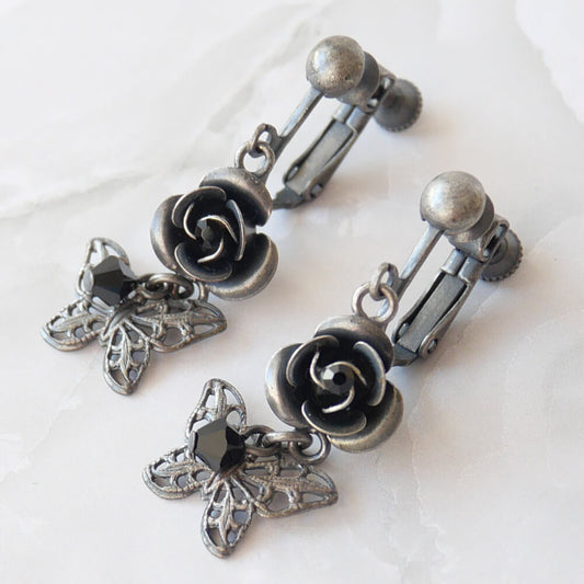 銀古美 薔薇 蝶 黒石 イヤリング