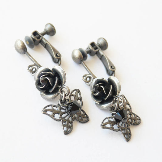 銀古美 薔薇 蝶 黒石 イヤリング