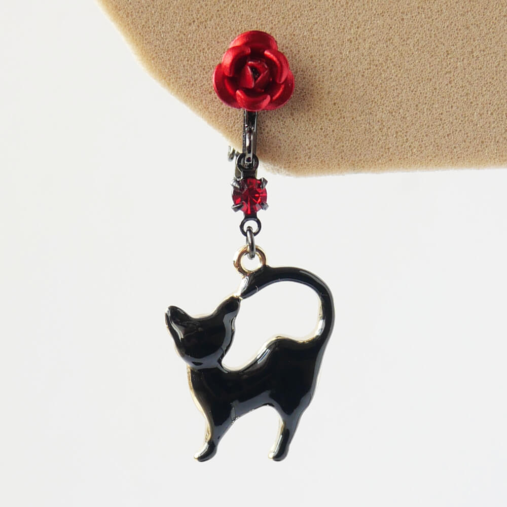 黒猫 赤薔薇 イヤリング ゴシック ゴスロリ ブラックキャット ローズ