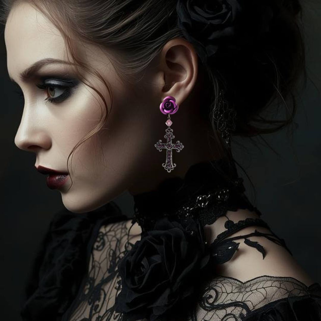 イヤリング 薔薇 十字架 ブラック パープル レッド ローズ クロス ゴスロリ 黒 紫 赤