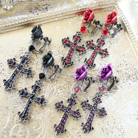イヤリング 薔薇 十字架 ブラック パープル レッド ローズ クロス ゴスロリ 黒 紫 赤