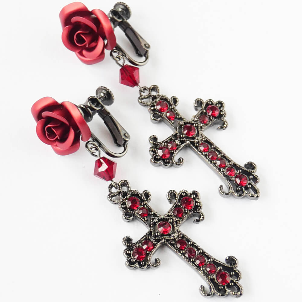 イヤリング 薔薇 十字架 ブラック パープル レッド ローズ クロス ゴスロリ 黒 紫 赤