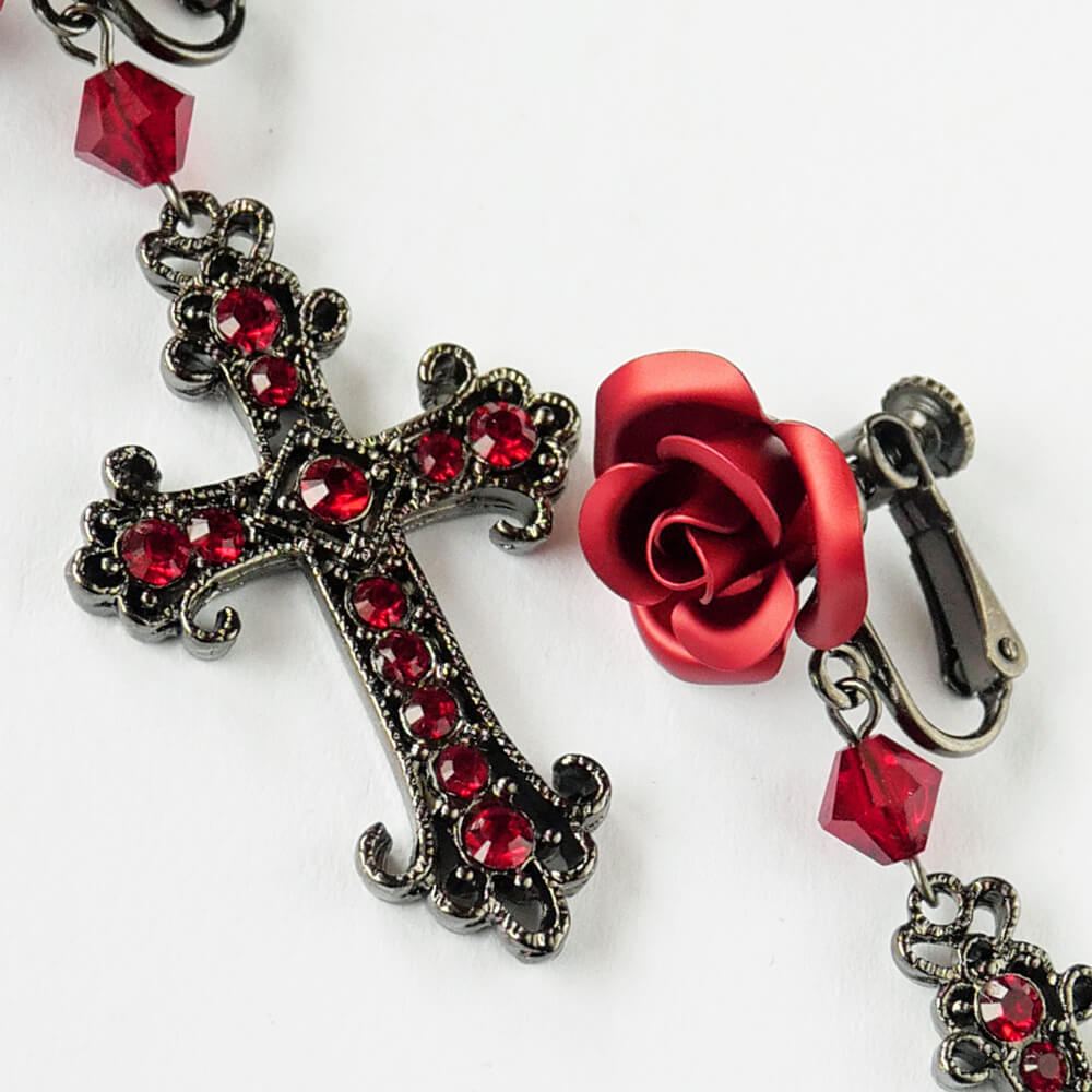 イヤリング 薔薇 十字架 ブラック パープル レッド ローズ クロス ゴスロリ 黒 紫 赤