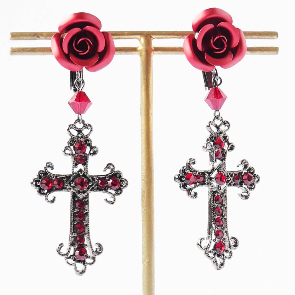 イヤリング 薔薇 十字架 ブラック パープル レッド ローズ クロス ゴスロリ 黒 紫 赤
