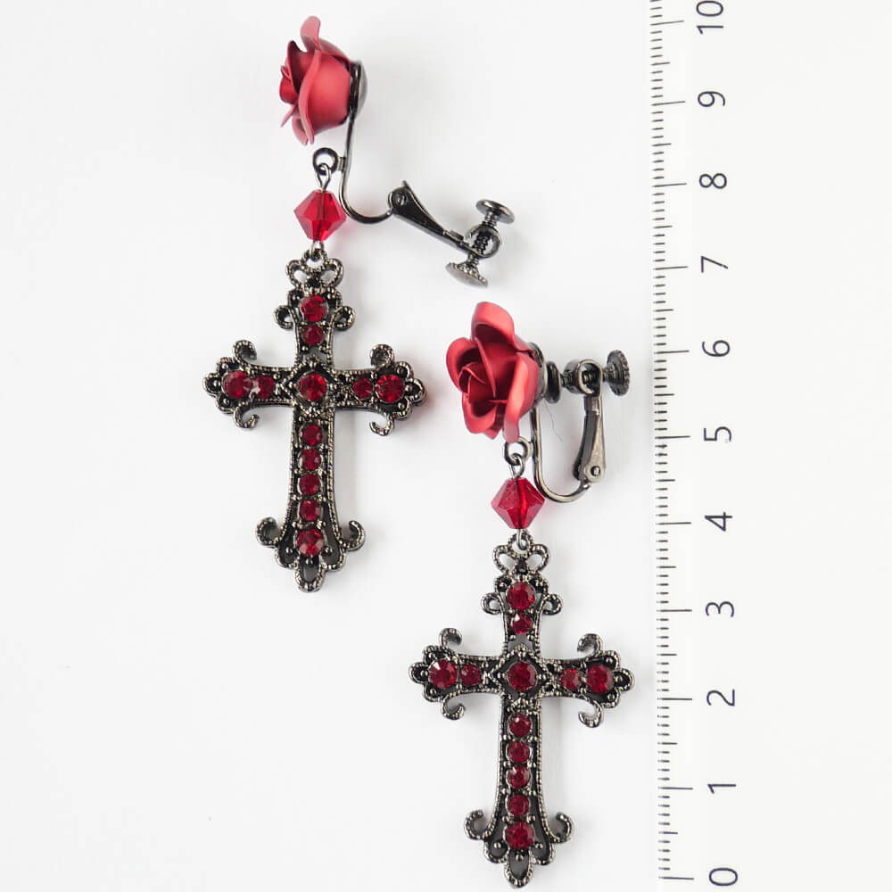 イヤリング 薔薇 十字架 ブラック パープル レッド ローズ クロス ゴスロリ 黒 紫 赤