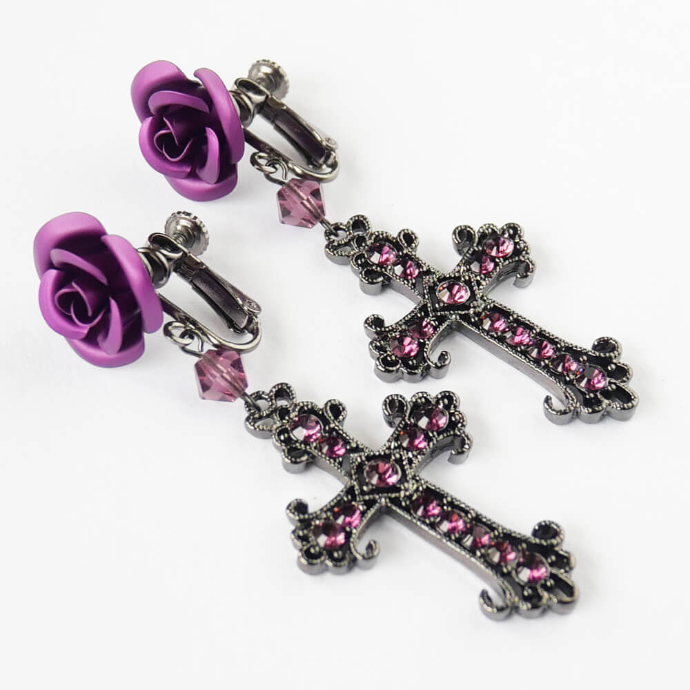 イヤリング 薔薇 十字架 ブラック パープル レッド ローズ クロス ゴスロリ 黒 紫 赤