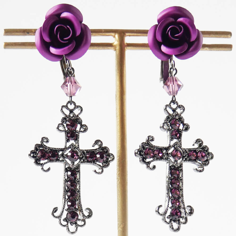 イヤリング 薔薇 十字架 ブラック パープル レッド ローズ クロス ゴスロリ 黒 紫 赤