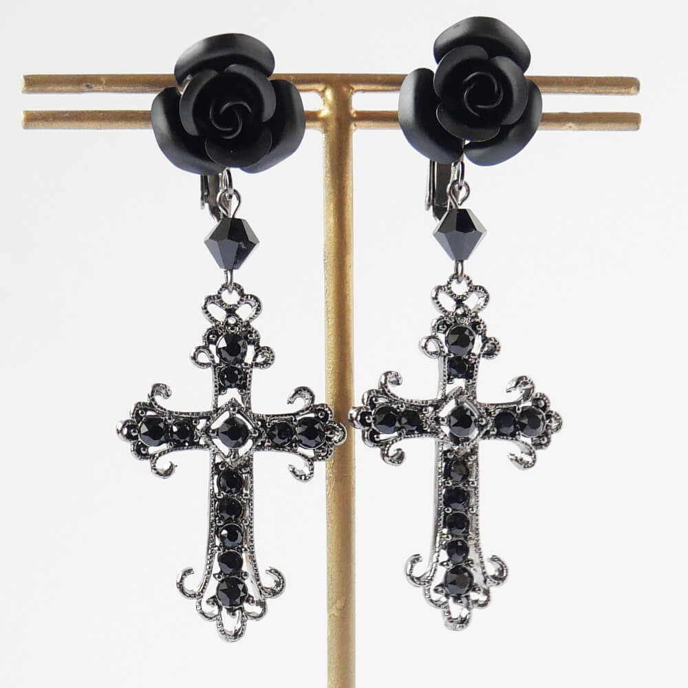 イヤリング 薔薇 十字架 ブラック パープル レッド ローズ クロス ゴスロリ 黒 紫 赤