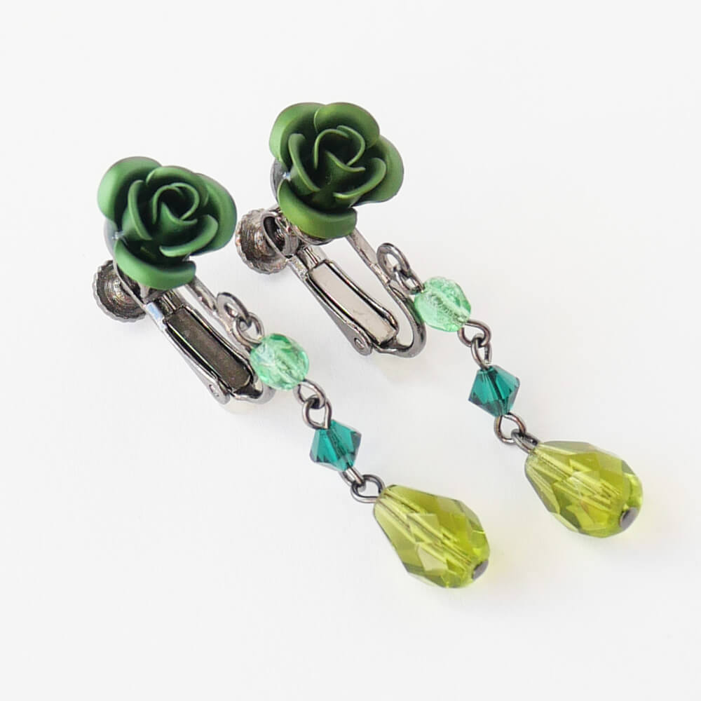緑薔薇 グリーン ドロップ イヤリング