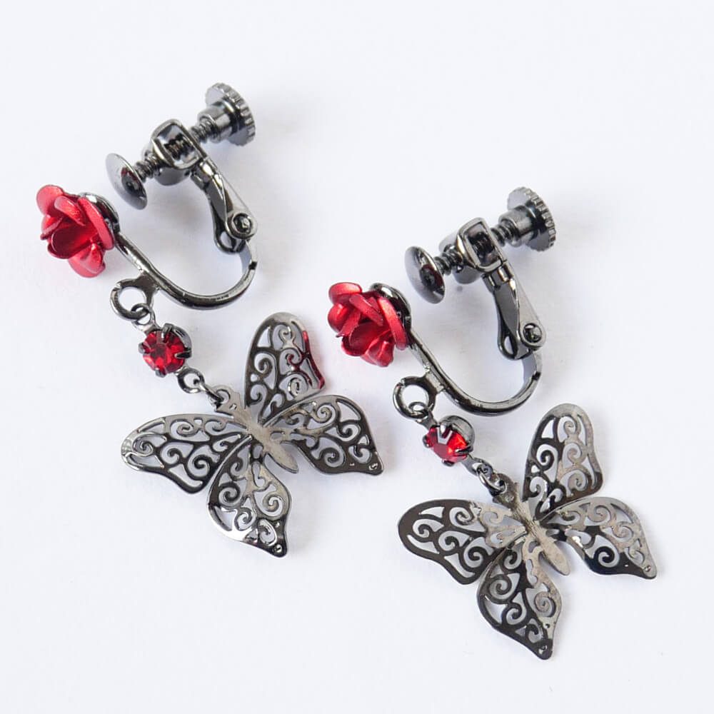 控えめゴスロリ イヤリング 薔薇 蝶 小さめ