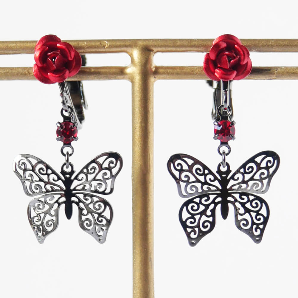 控えめゴスロリ イヤリング 薔薇 蝶 小さめ