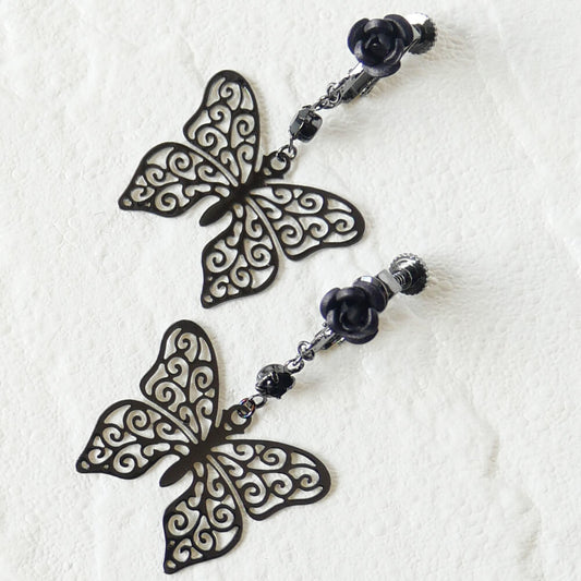 薔薇 ステンド蝶 イヤリング 大きめ