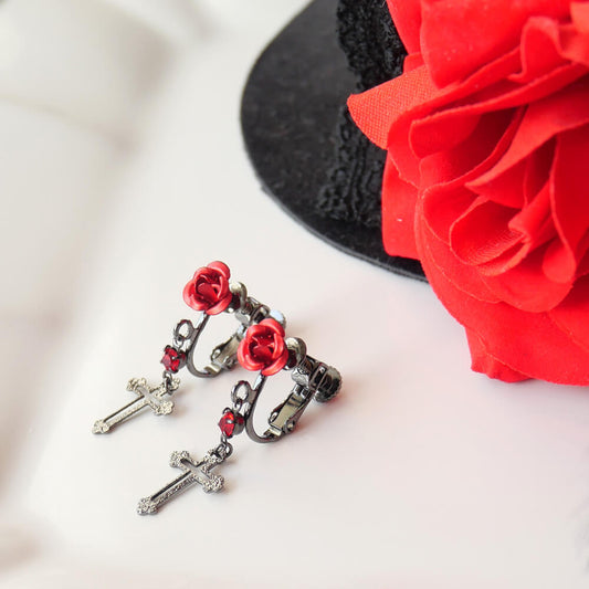 控えめゴスロリ イヤリング 薔薇 十字架 小さめ