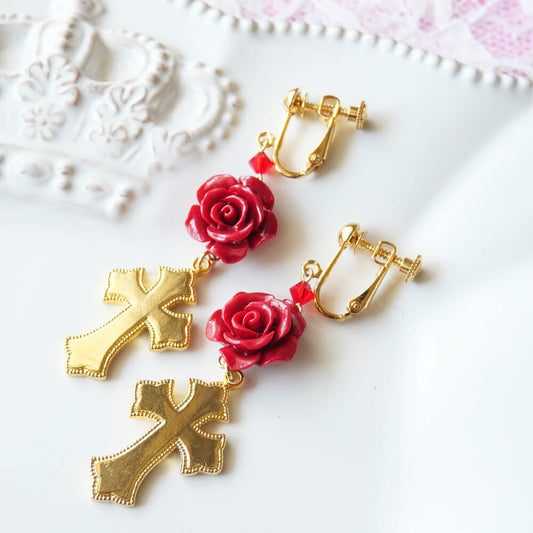 アリス 十字架 イヤリング 赤薔薇 ロリータ ゴシック ゴールド アクセサリー