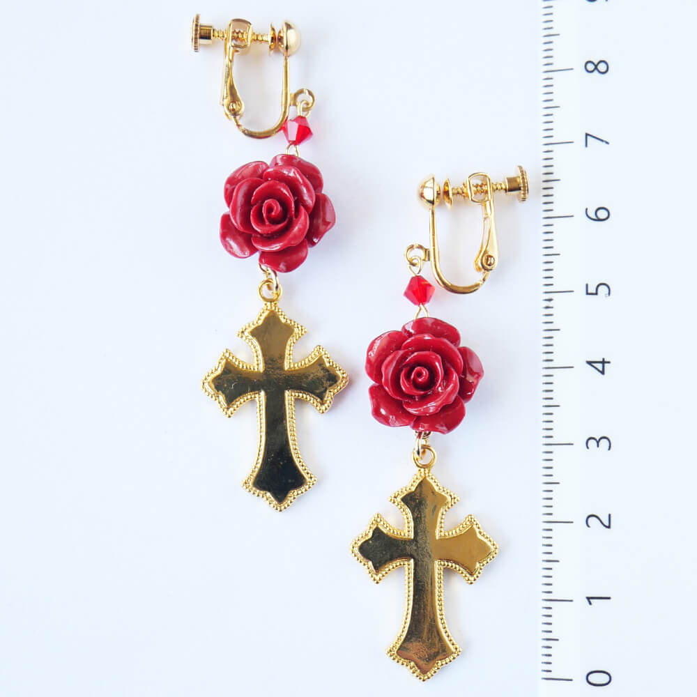 アリス 十字架 イヤリング 赤薔薇 ロリータ ゴシック ゴールド アクセサリー