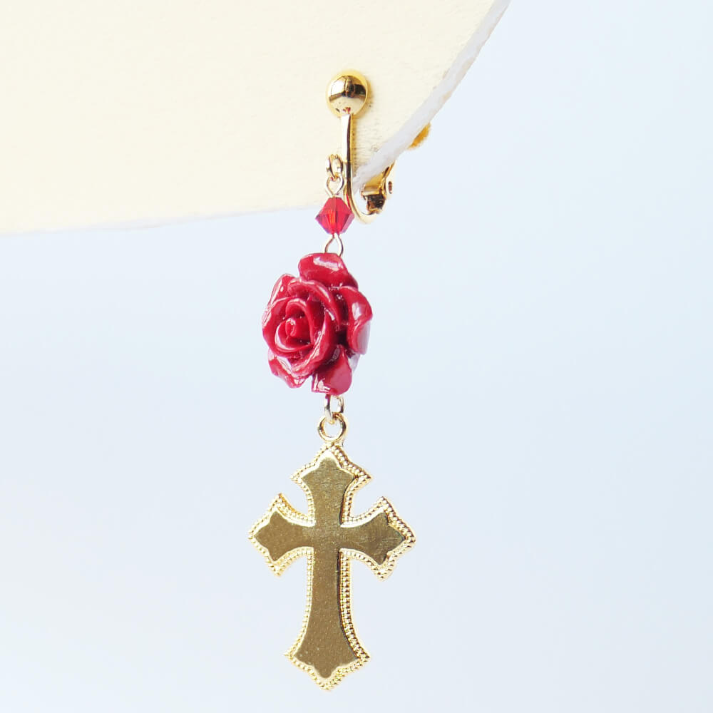 アリス 十字架 イヤリング 赤薔薇 ロリータ ゴシック ゴールド アクセサリー