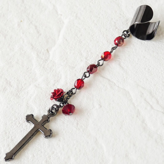 イヤーカフ ゴシック クロス ローズ  十字架 赤薔薇 レッド（片耳タイプ）