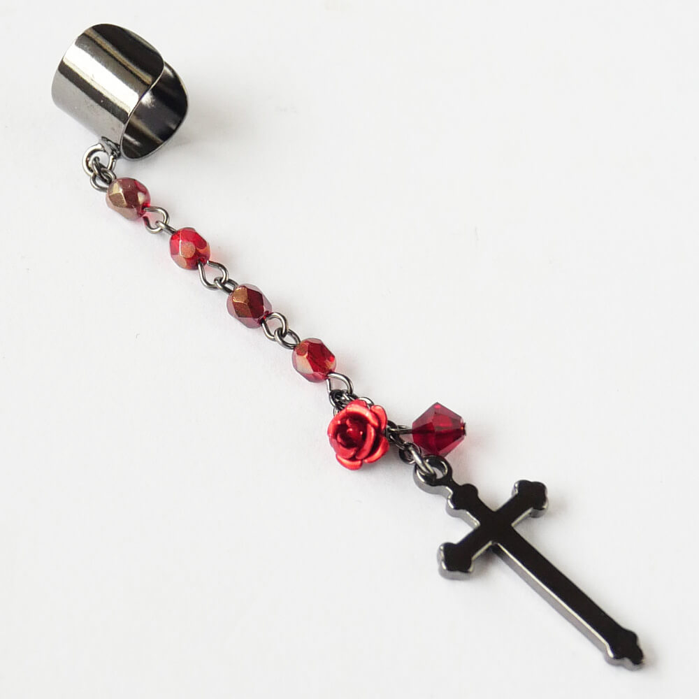 イヤーカフ ゴシック クロス ローズ  十字架 赤薔薇 レッド（片耳タイプ）