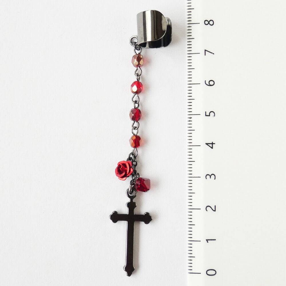 イヤーカフ ゴシック クロス ローズ  十字架 赤薔薇 レッド（片耳タイプ）