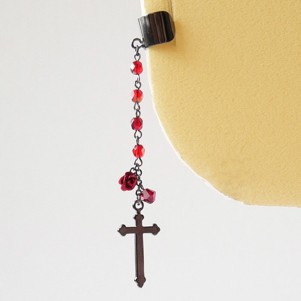 イヤーカフ ゴシック クロス ローズ  十字架 赤薔薇 レッド（片耳タイプ）