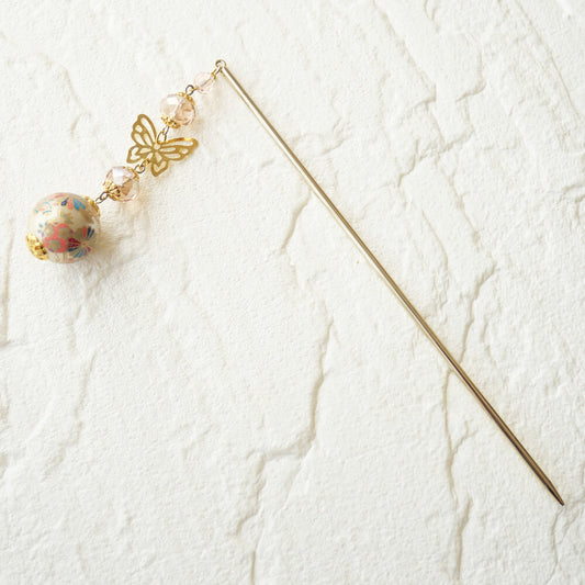 転写 和珠 蝶 ストーン 一本 かんざし ゴールド