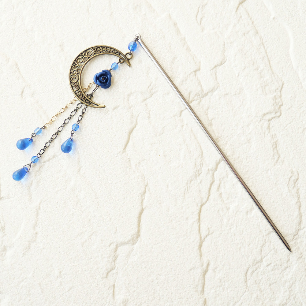 和 カンザシ 簪 青 薔薇 三日月 かんざし 1本 シンプル