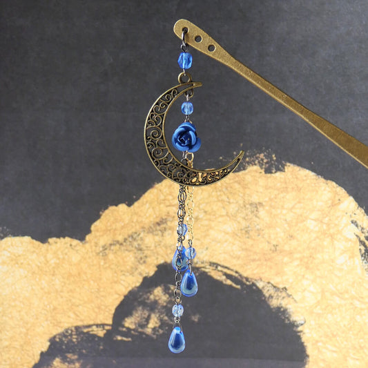 Japanese Kanzashi Hairpin Blue Rose Crescent Moon Kanzashi 1 Piece Simple